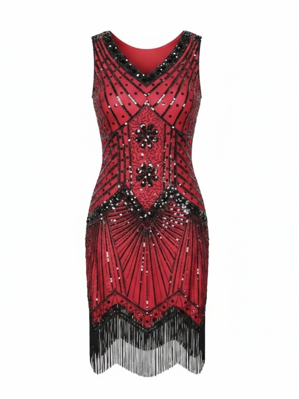 BABEYOND | 1920s Flapper Fringe Black Sequin‎ Gatsby Beaded Red Jazz Dress | L